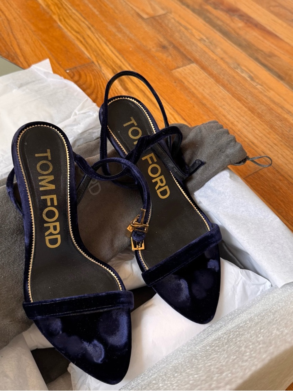 Tom Ford Navy Velvet Slingback Heels with Gold Buckle 85mm
